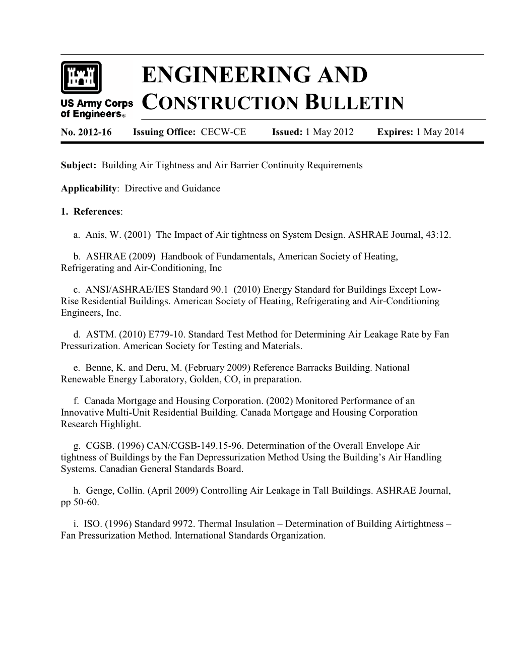 ECB 2012-16 Building Air Tightness and Air Barrier Continuity Requirements -- Applicability: Directive and Guidance