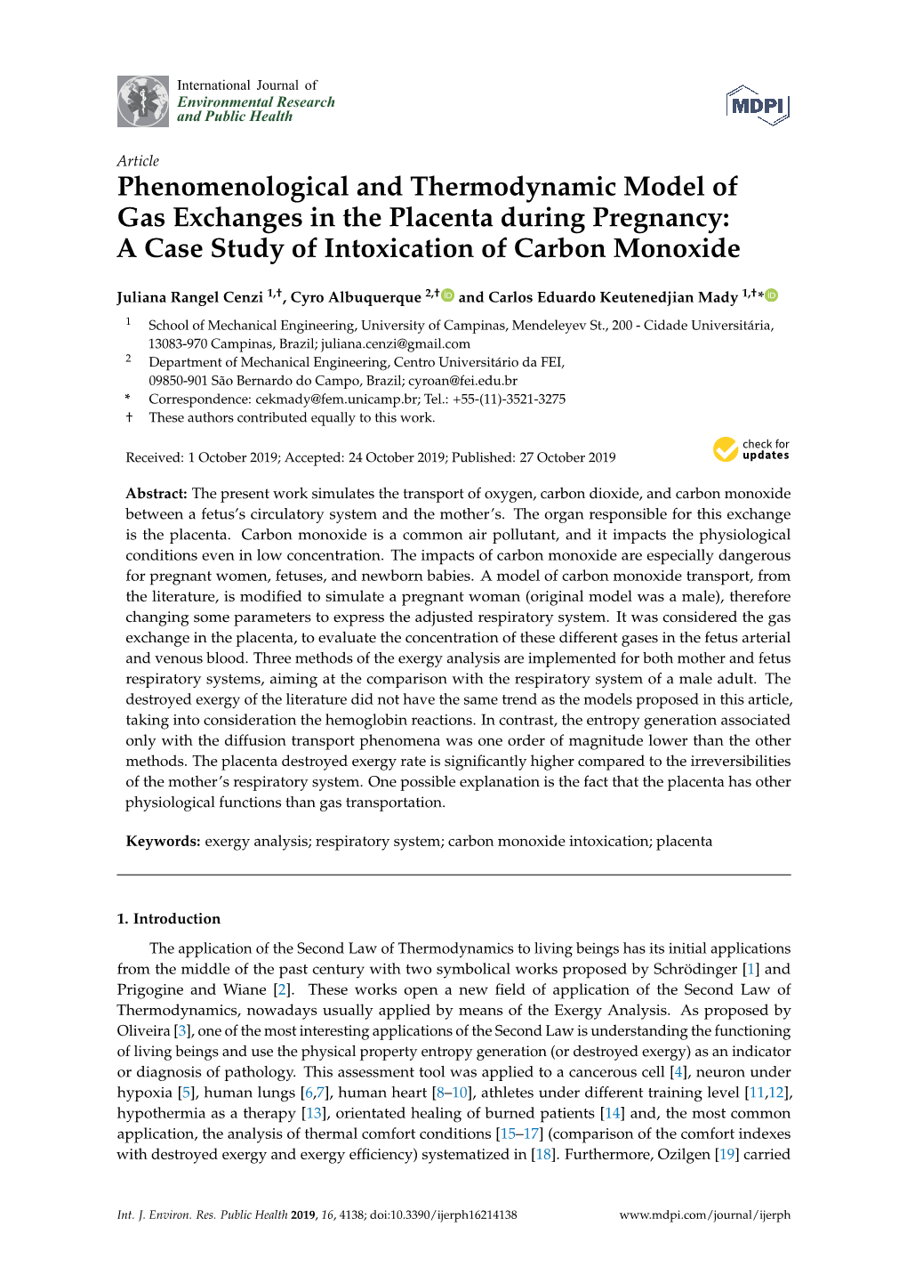 Phenomenological and Thermodynamic Model of Gas Exchanges in the Placenta During Pregnancy: a Case Study of Intoxication of Carbon Monoxide