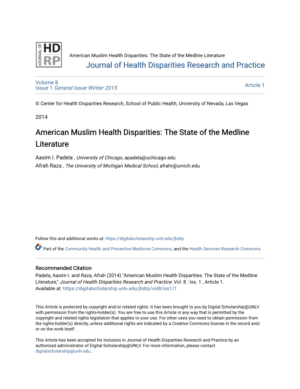 American Muslim Health Disparities: the State of the Medline Literature Journal of Health Disparities Research and Practice