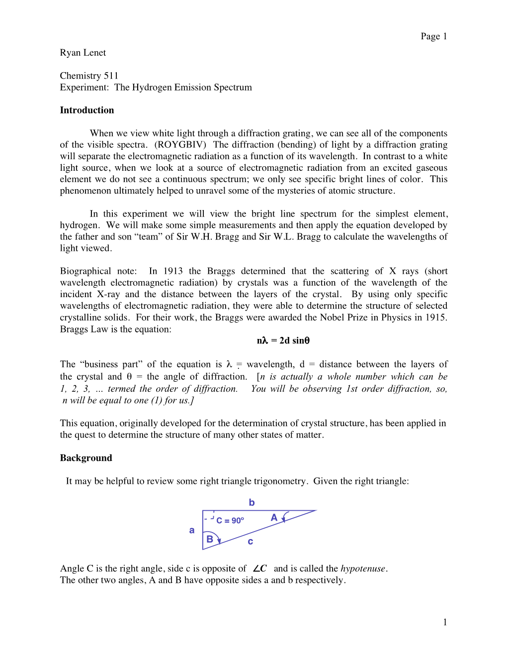 Page 1 1 Ryan Lenet Chemistry 511 Experiment: the Hydrogen