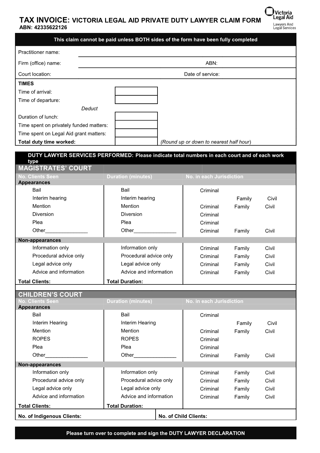 Private Practitioner Duty Lawyer Claim Form