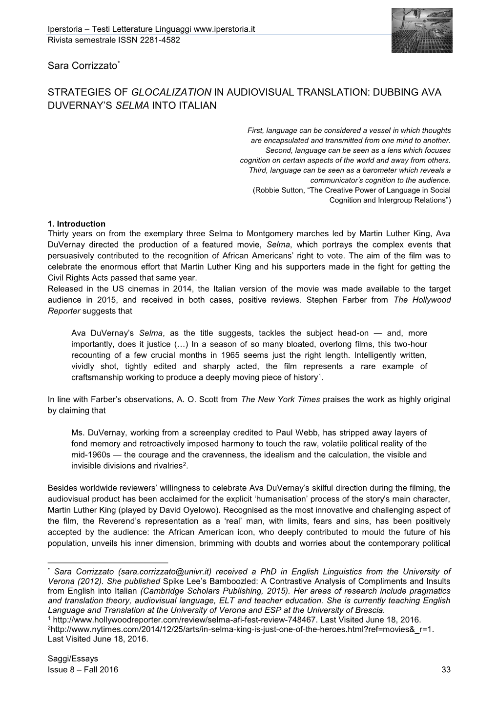 Sara Corrizzato* STRATEGIES of GLOCALIZATION in AUDIOVISUAL TRANSLATION: DUBBING AVA DUVERNAY's SELMA INTO ITALIAN