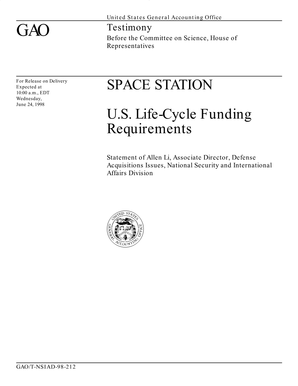SPACE STATION: U.S. Life-Cycle Funding Requirements GAO/T