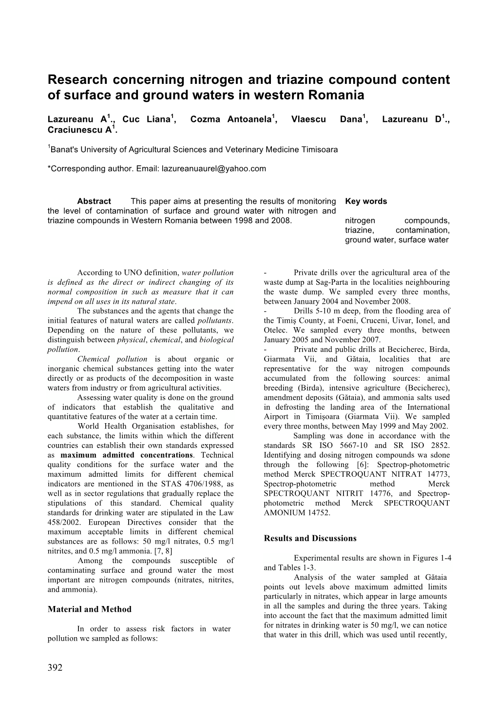 Research Concerning Nitrogen and Triazine Compound Content of Surface and Ground Waters in Western Romania