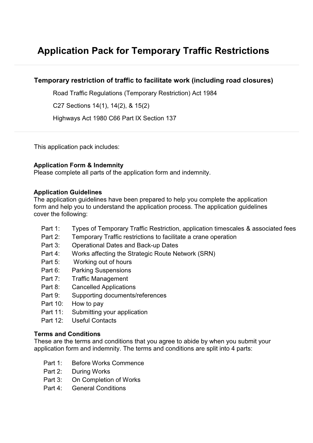 Application Pack for Temporary Traffic Restrictions