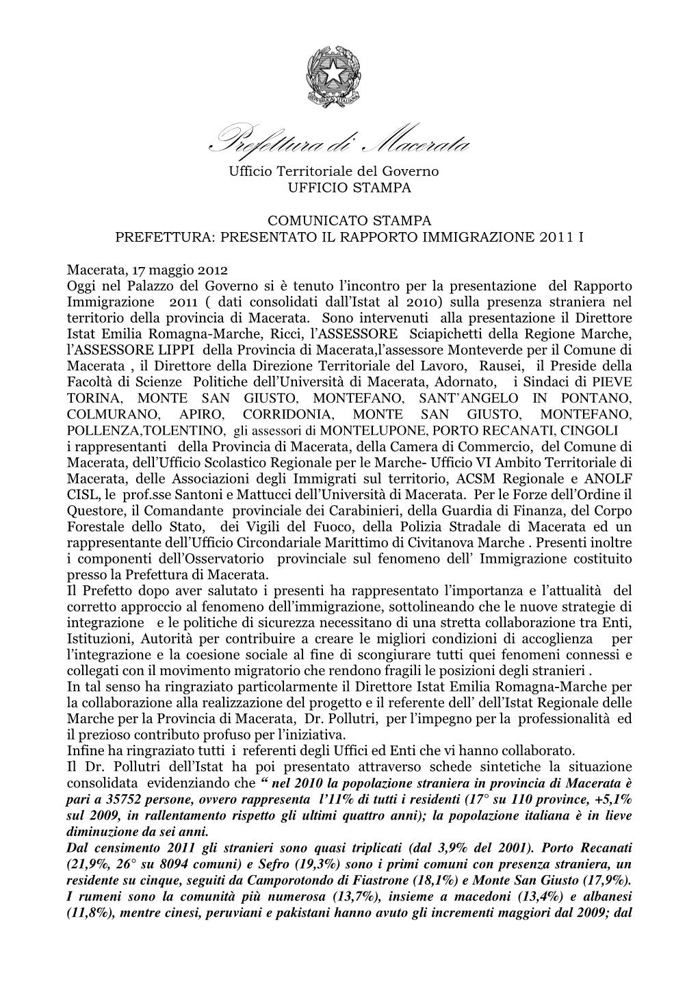 Prefettura Di Macerata Ufficio Territoriale Del Governo UFFICIO STAMPA