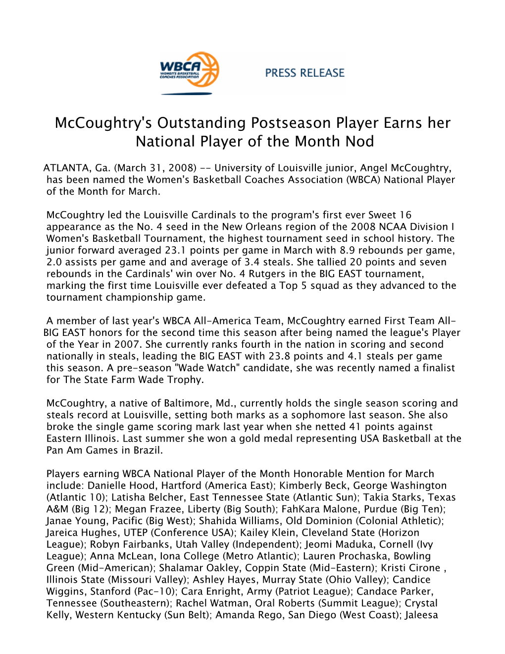 Mccoughtry's Outstanding Postseason Player Earns Her National Player of the Month Nod