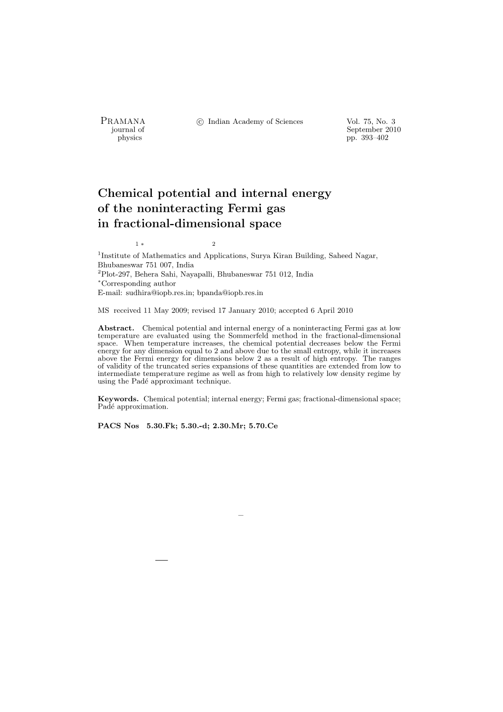 Chemical Potential and Internal Energy of the Noninteracting Fermi Gas in Fractional-Dimensional Space