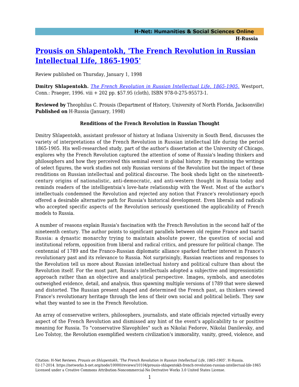 Prousis on Shlapentokh, 'The French Revolution in Russian Intellectual Life, 1865-1905'