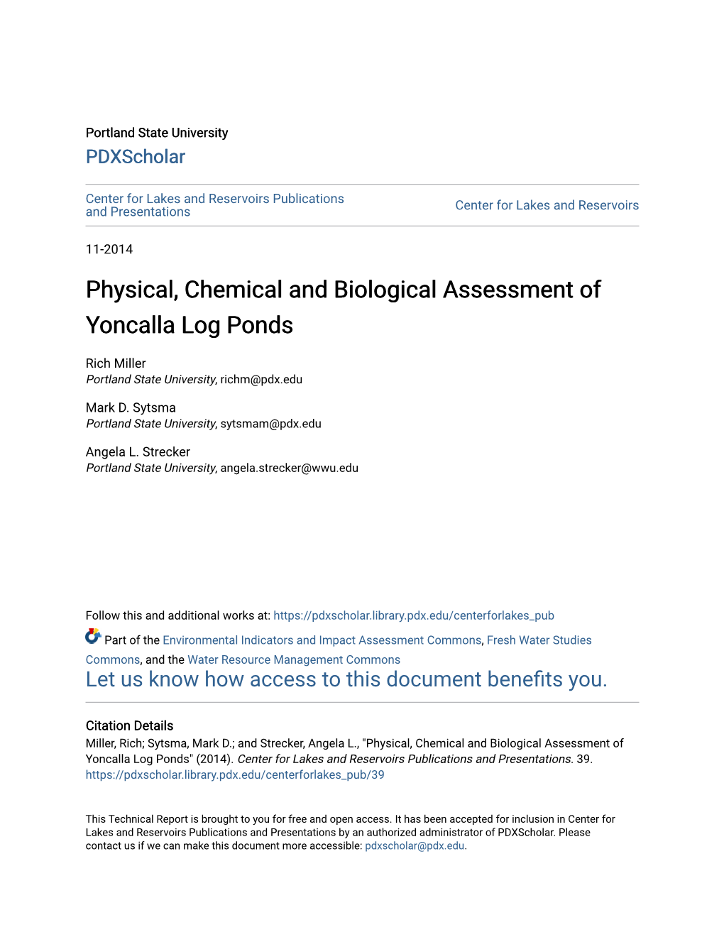 Physical, Chemical and Biological Assessment of Yoncalla Log Ponds