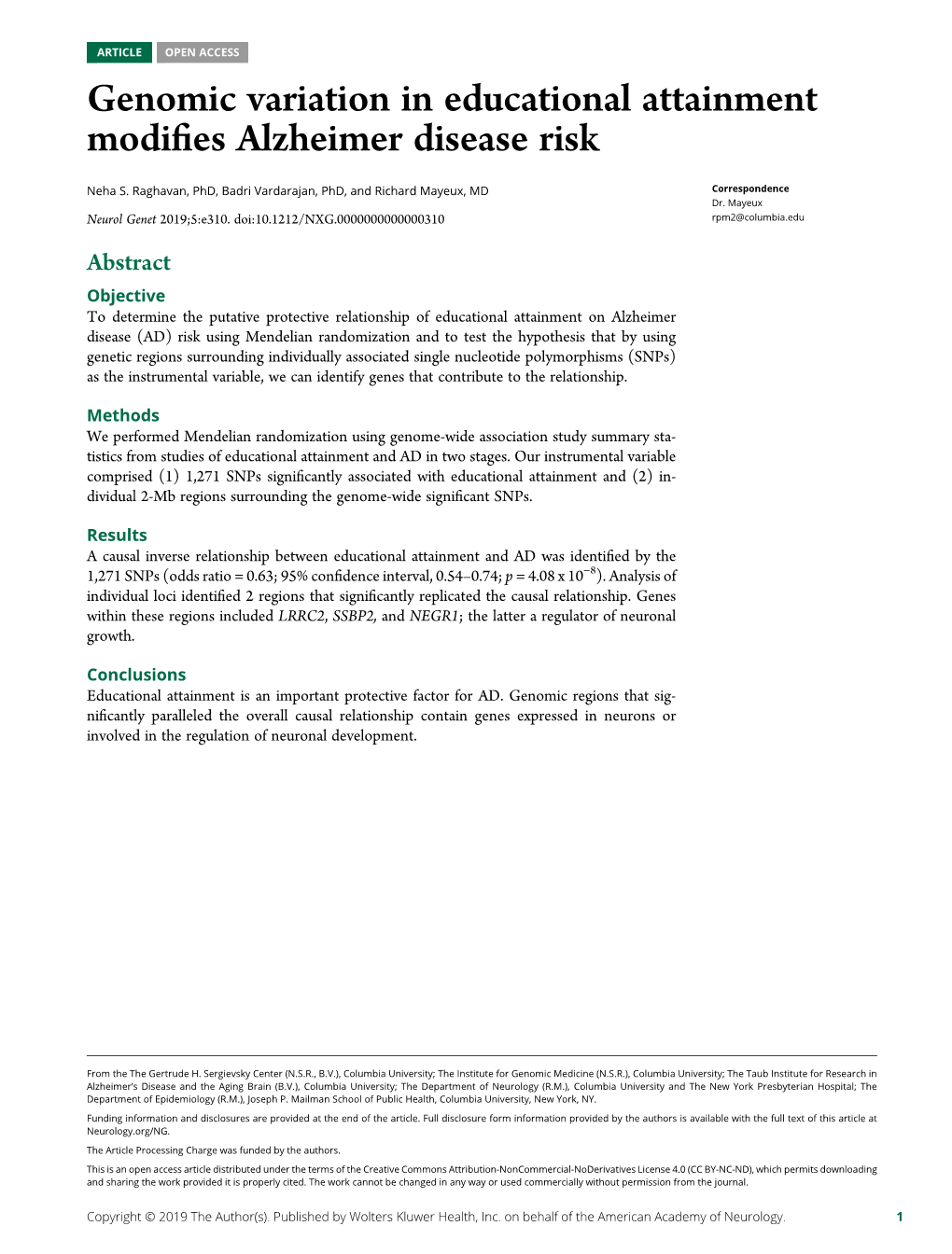 Genomic Variation in Educational Attainment Modifies Alzheimer Disease Risk Neha S