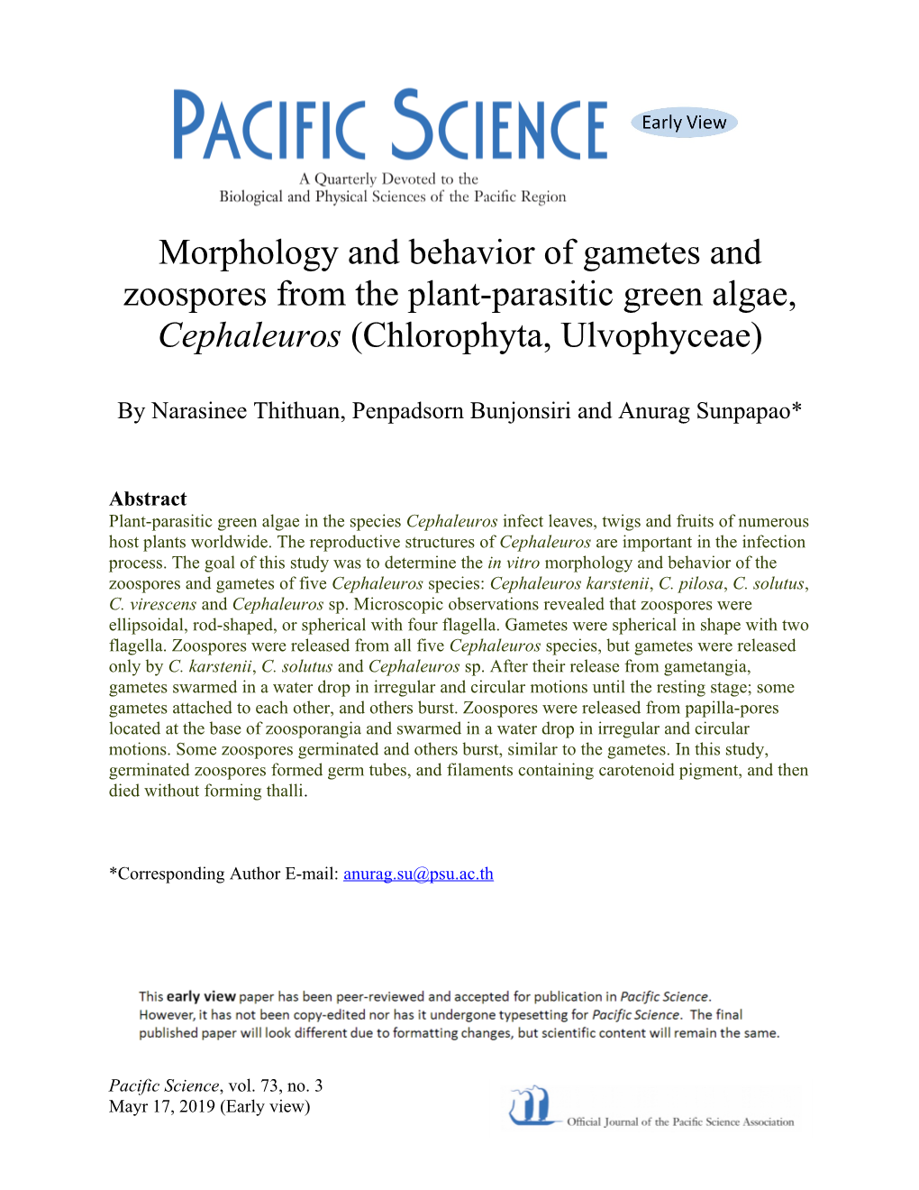 Morphology and Behavior of Gametes and Zoospores from the Plant-Parasitic Green Algae, Cephaleuros (Chlorophyta, Ulvophyceae)