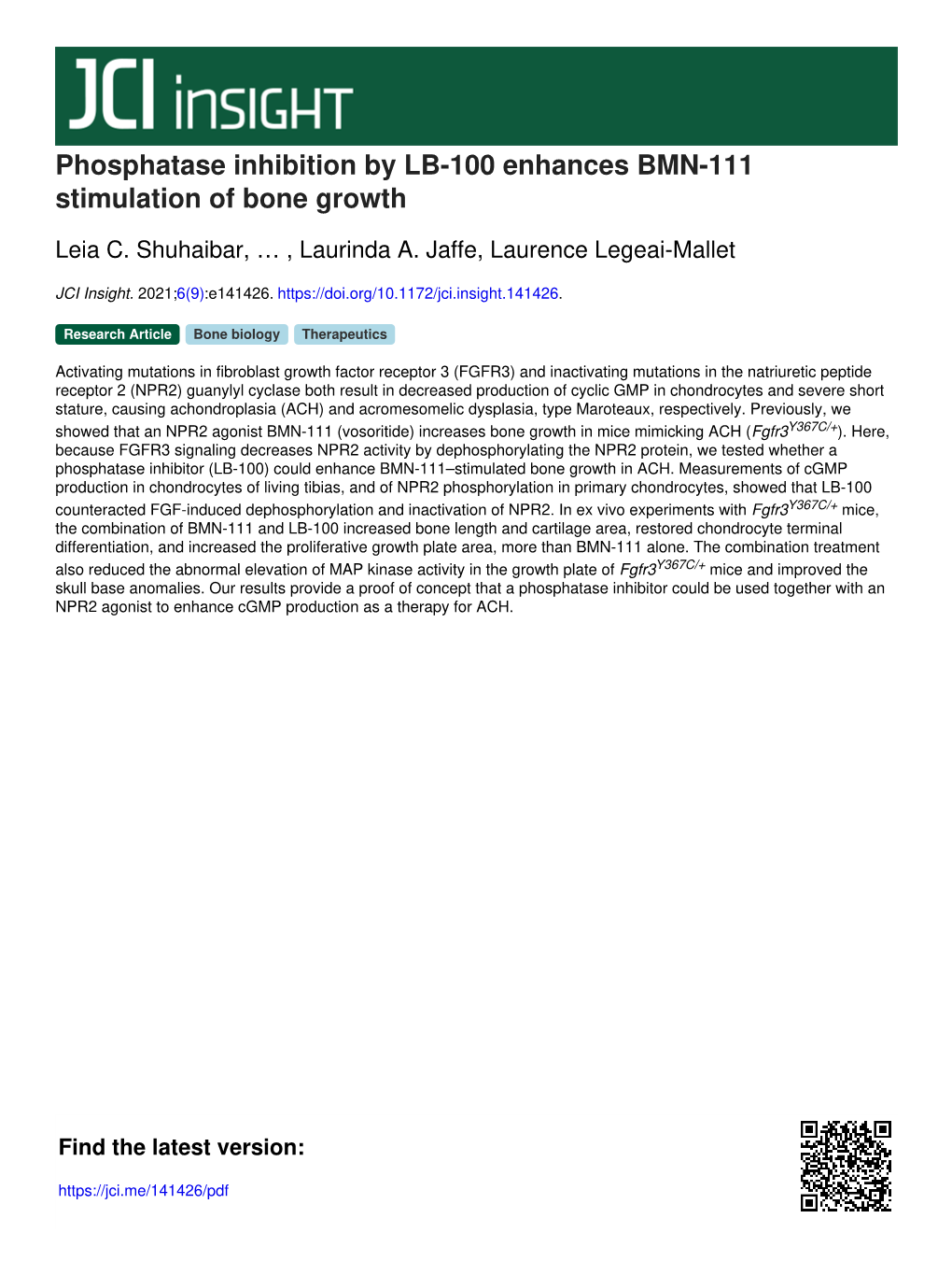 Phosphatase Inhibition by LB-100 Enhances BMN-111 Stimulation of Bone Growth