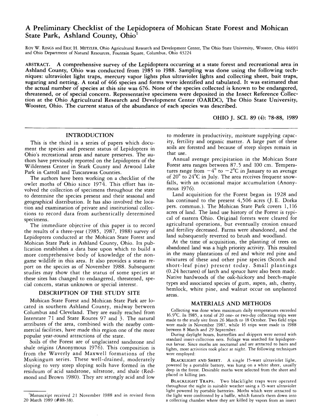 A Preliminary Checklist of the Lepidoptera of Mohican State Forest and Mohican State Park, Ashland County, Ohio