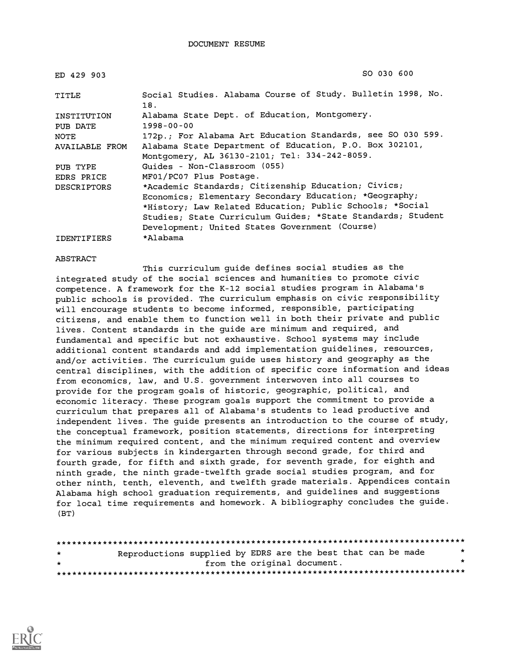 INSTITUTION AVAILABLE from DESCRIPTORS ABSTRACT Social Studies. Alabama Course of Study. Bulletin 1998, No. Alabama State Dept