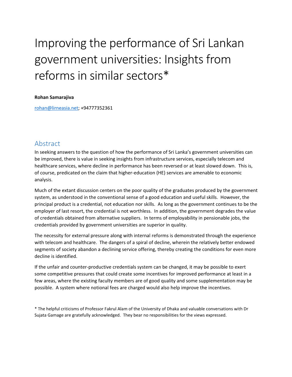 Improving the Performance of Sri Lankan Government Universities: Insights from Reforms in Similar Sectors*