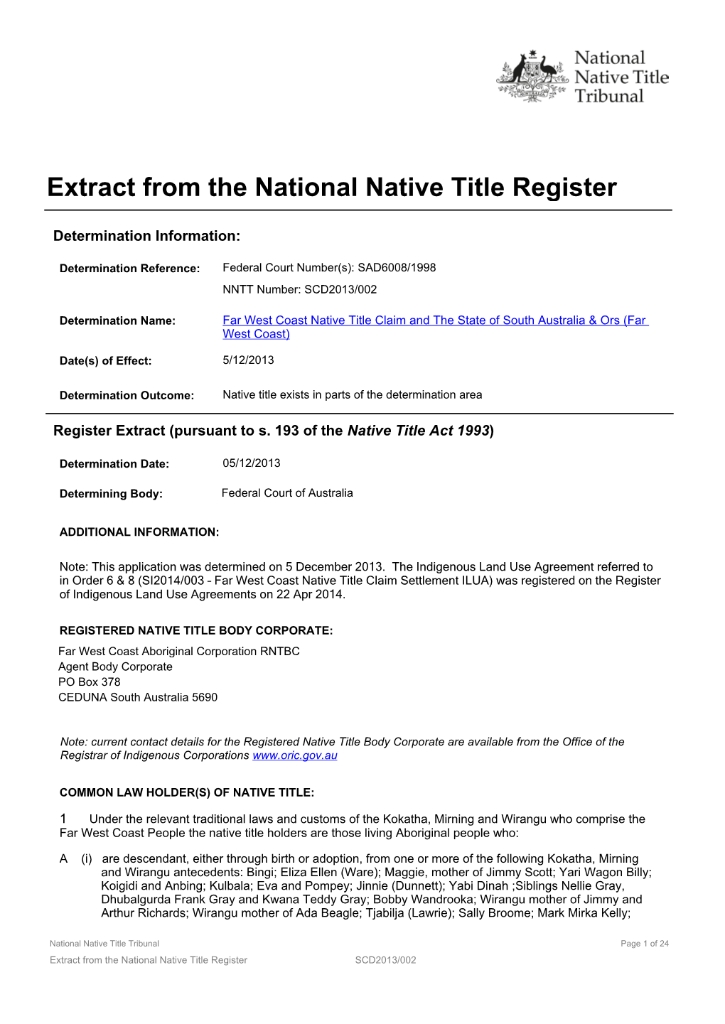 Extract from the National Native Title Register