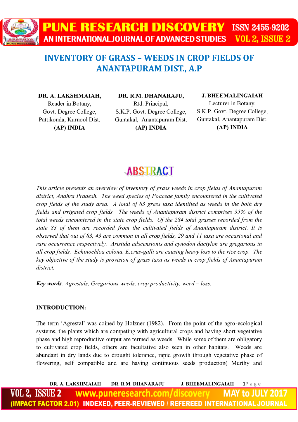 Inventory of Grass – Weeds in Crop Fields of Anantapuram Dist., A.P