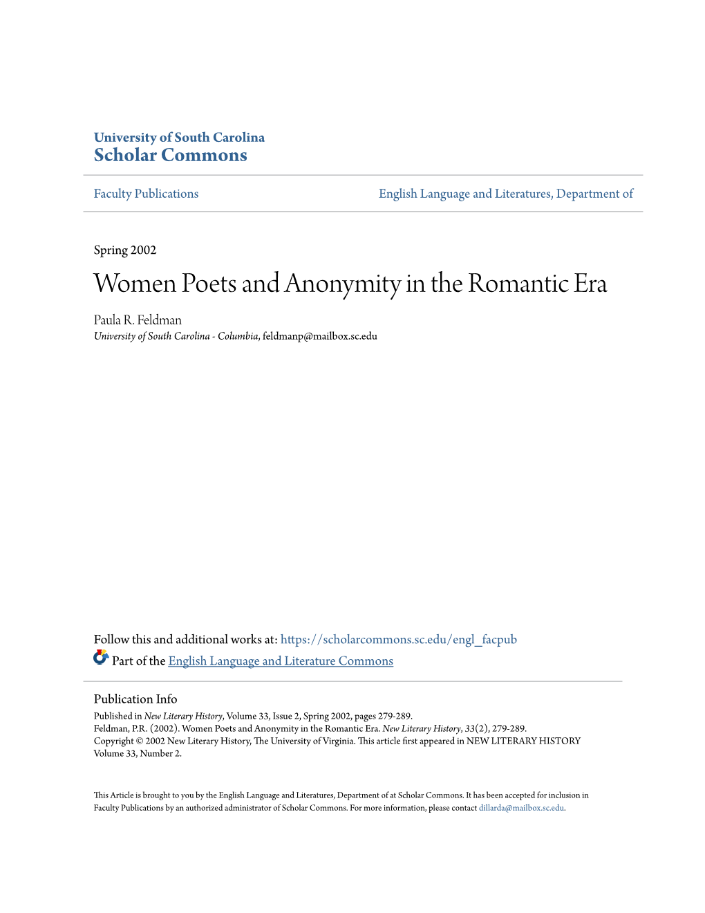 Women Poets and Anonymity in the Romantic Era Paula R