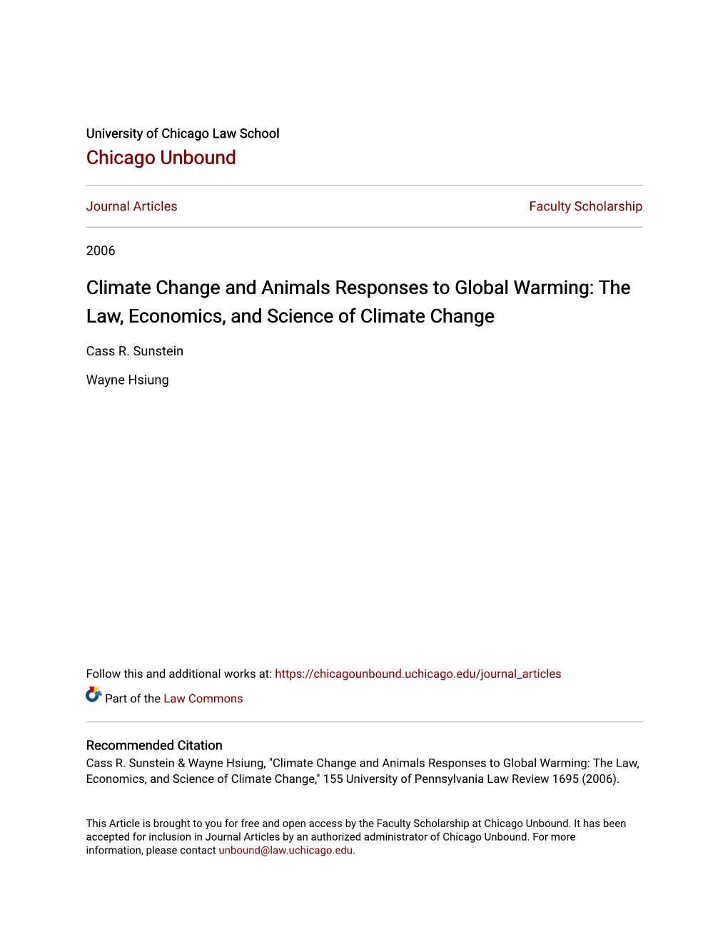 Climate Change and Animals Responses to Global Warming: the Law, Economics, and Science of Climate Change