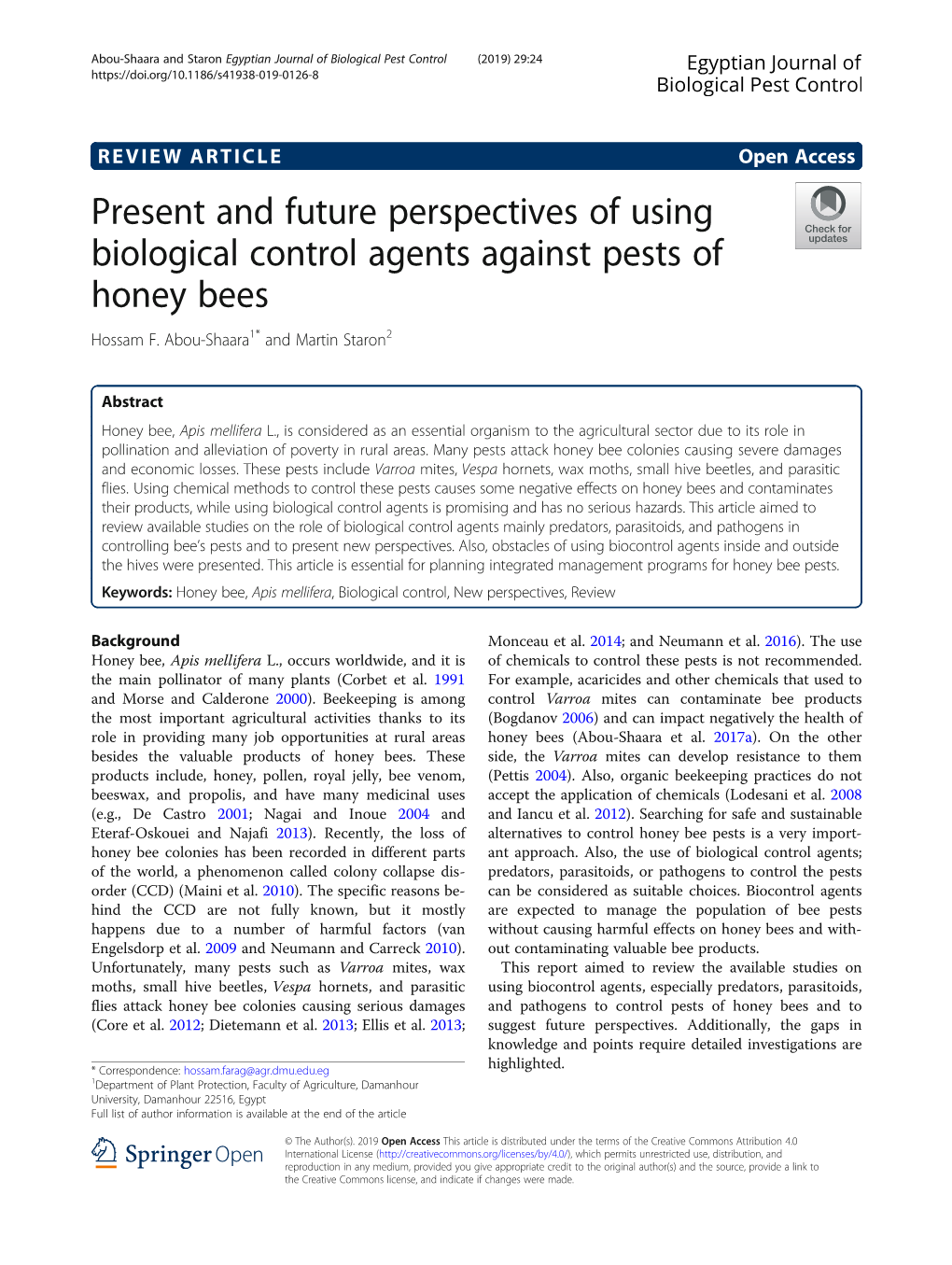 Present and Future Perspectives of Using Biological Control Agents Against Pests of Honey Bees Hossam F