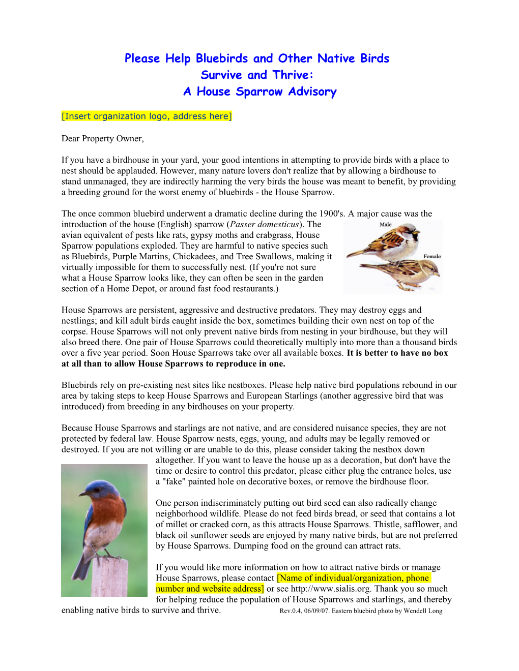 Please Help Bluebirds and Other Native Birds Survive and Thrive