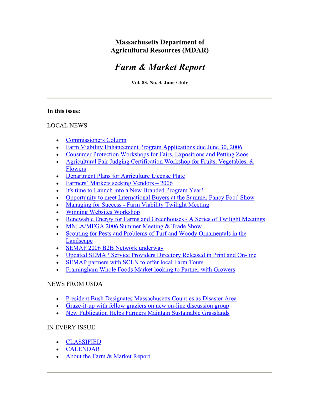 Massachusetts Department of Agricultural Resources (MDAR) Farm & Market Report