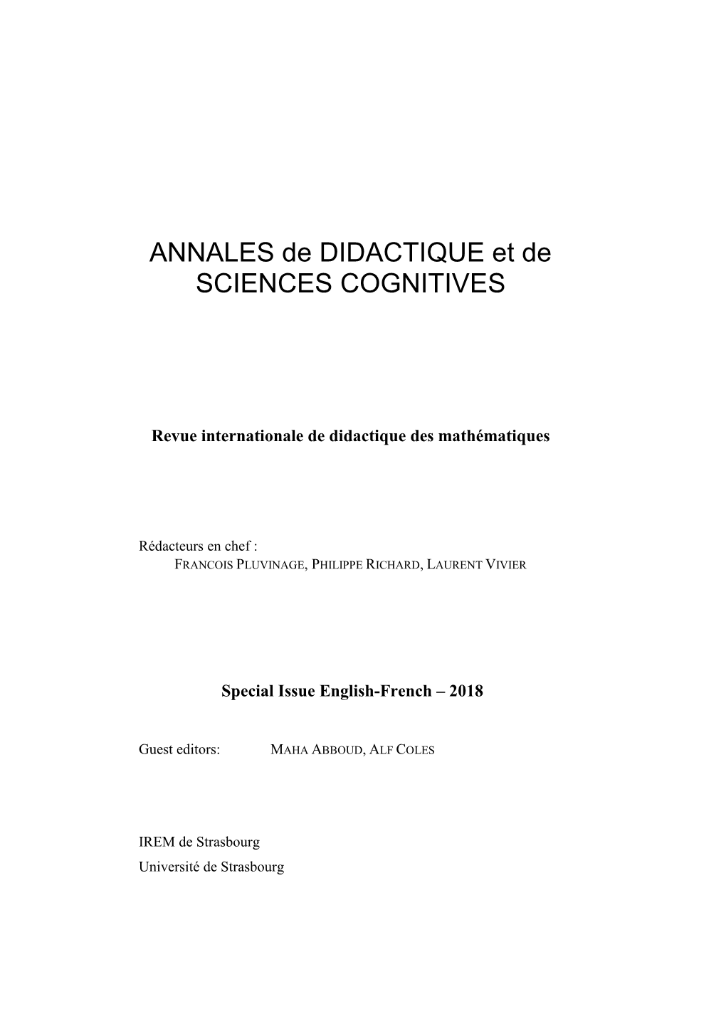 ANNALES De DIDACTIQUE Et De SCIENCES COGNITIVES