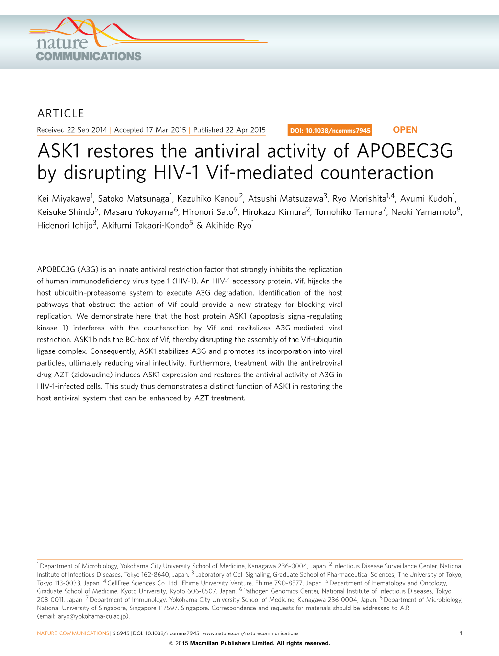 ASK1 Restores the Antiviral Activity of APOBEC3G by Disrupting HIV-1 Vif-Mediated Counteraction