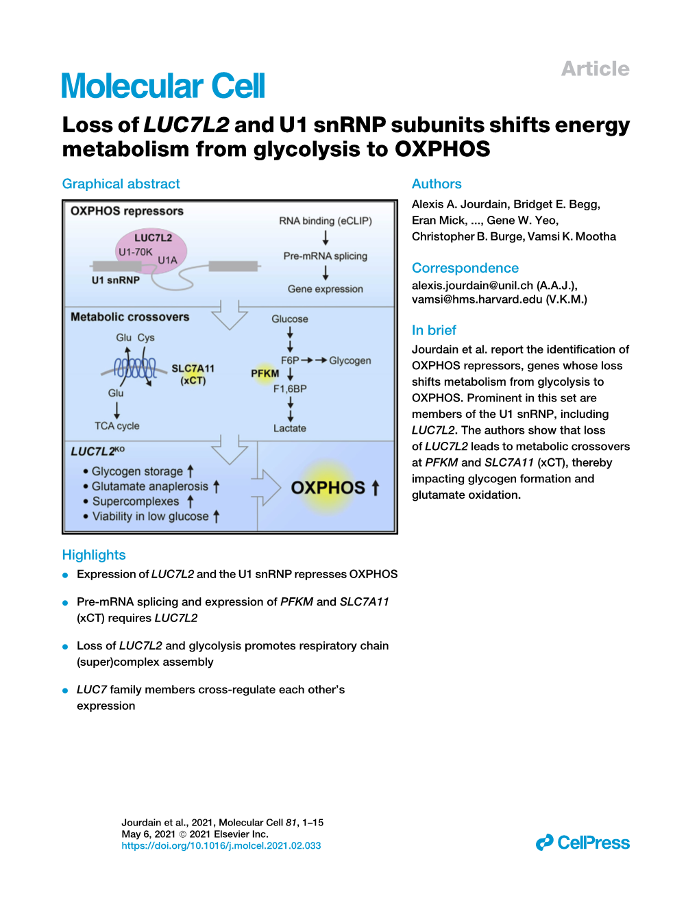 Loss of LUC7L2 and U1 Snrnp Subunits Shifts Energy Metabolism from Glycolysis to OXPHOS