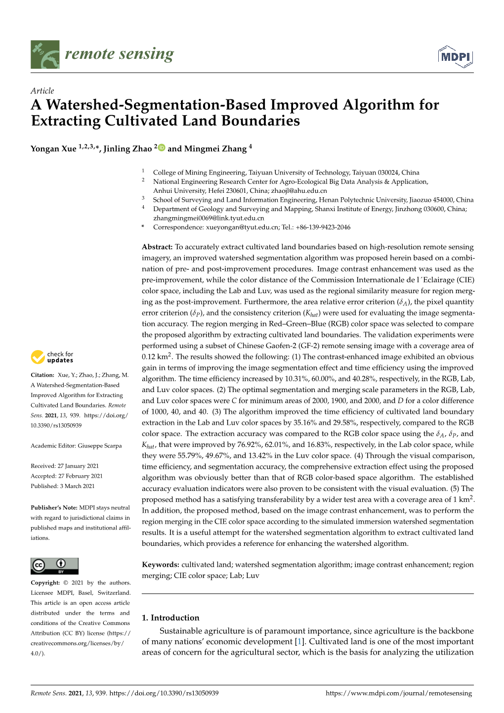A Watershed-Segmentation-Based Improved Algorithm for Extracting Cultivated Land Boundaries