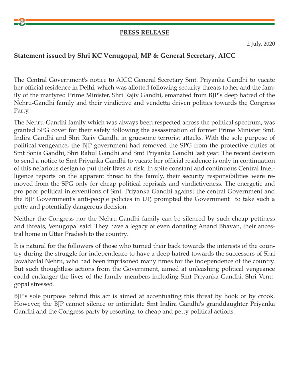 Statement Issued by Shri KC Venugopal, MP & General