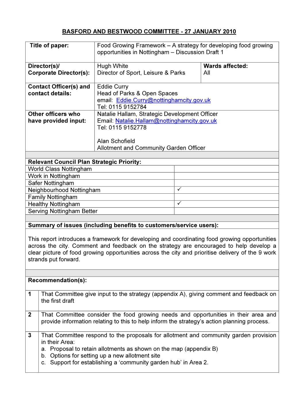 Food Growing Framework – a Strategy for Developing Food Growing Opportunities in Nottingham – Discussion Draft 1