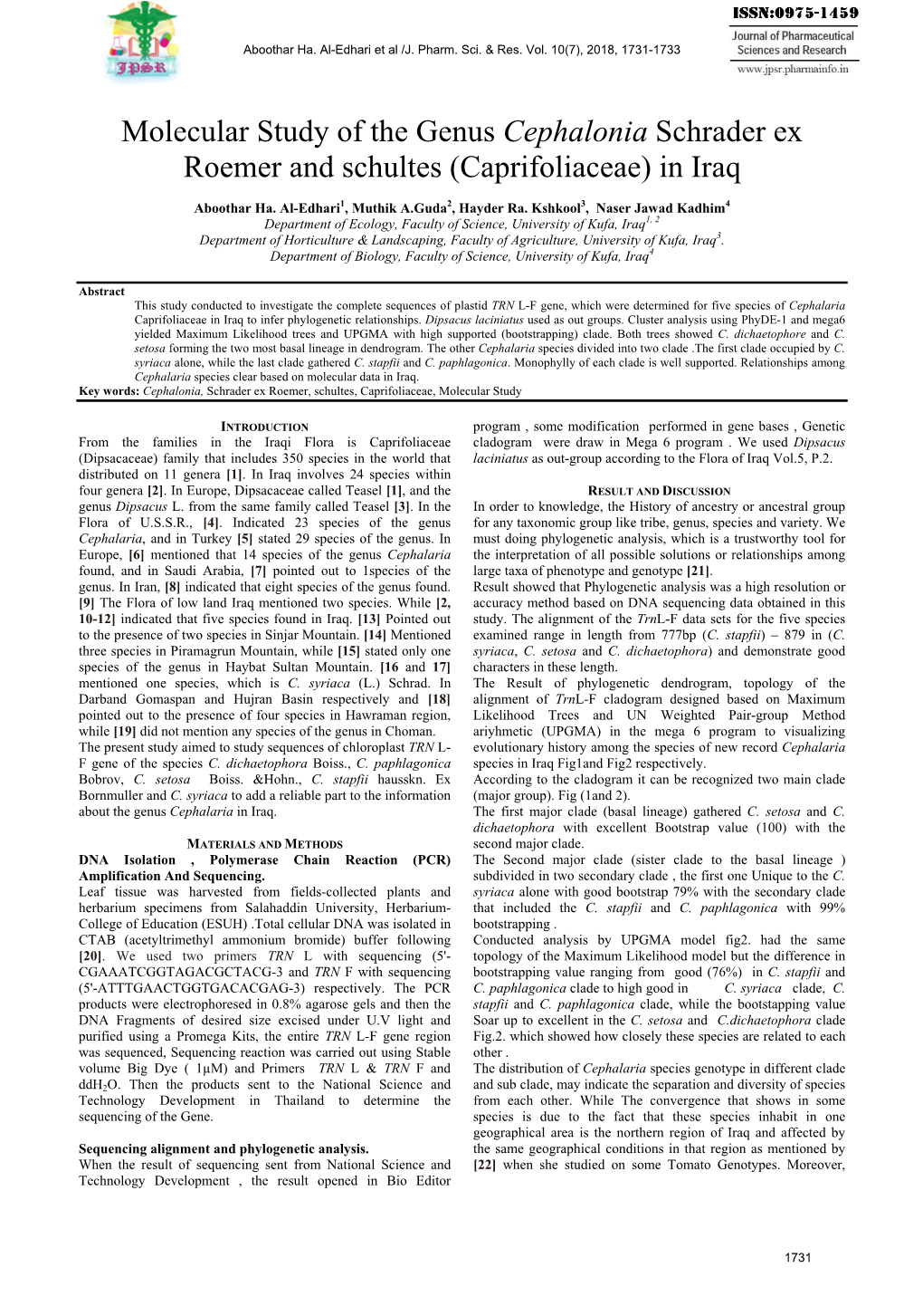 Molecular Study of the Genus Cephalonia Schrader Ex Roemer and Schultes (Caprifoliaceae) in Iraq