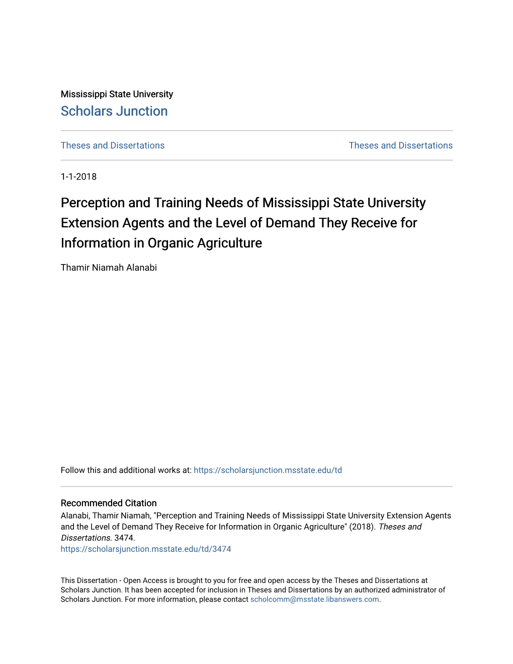 Perception and Training Needs of Mississippi State University Extension Agents and the Level of Demand They Receive for Information in Organic Agriculture