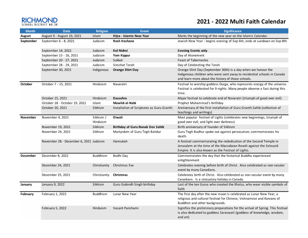 2021 - 2022 Multi Faith Calendar