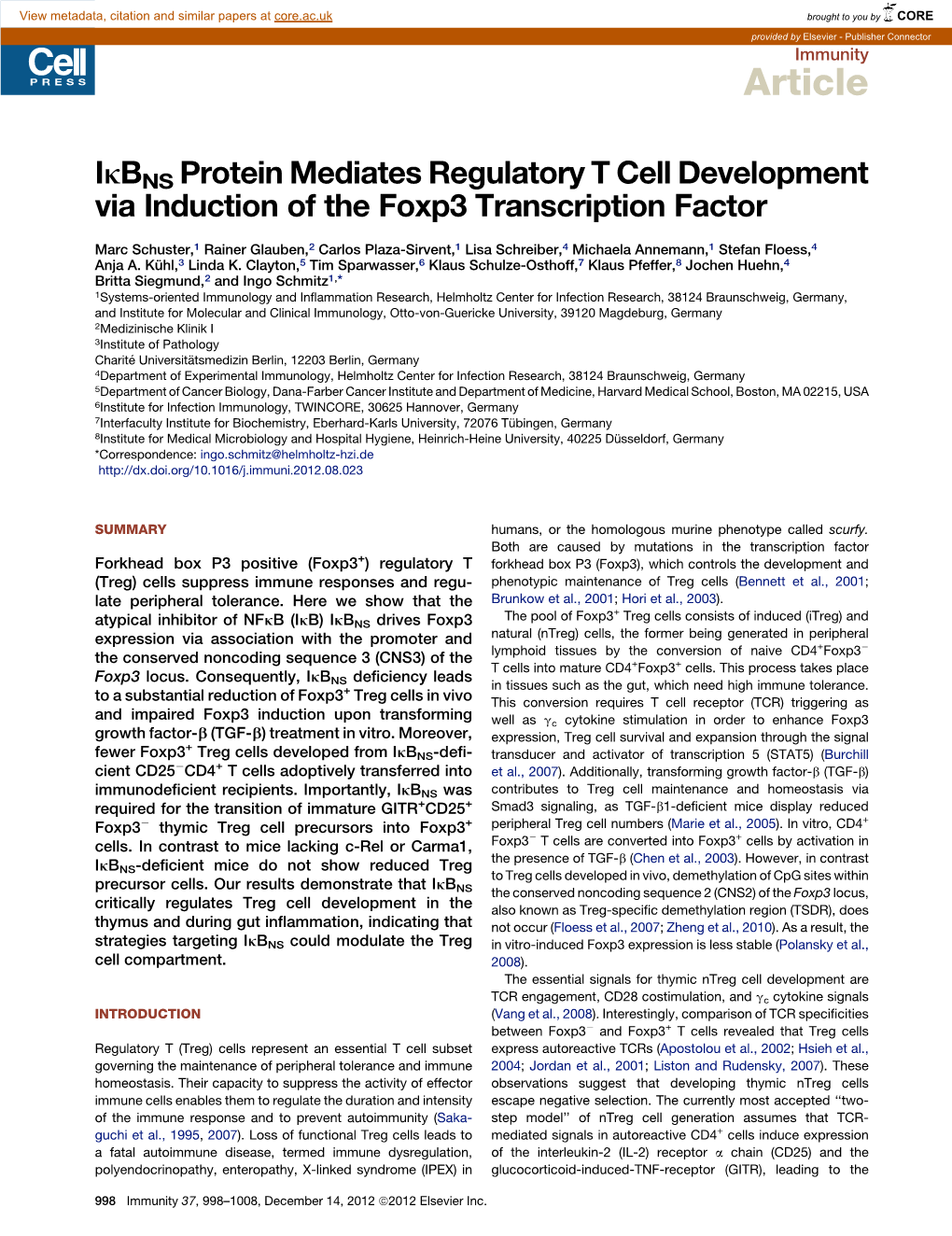 BNS Protein Mediates Regulatory T Cell Development Via Induction of the Foxp3 Transcription Factor