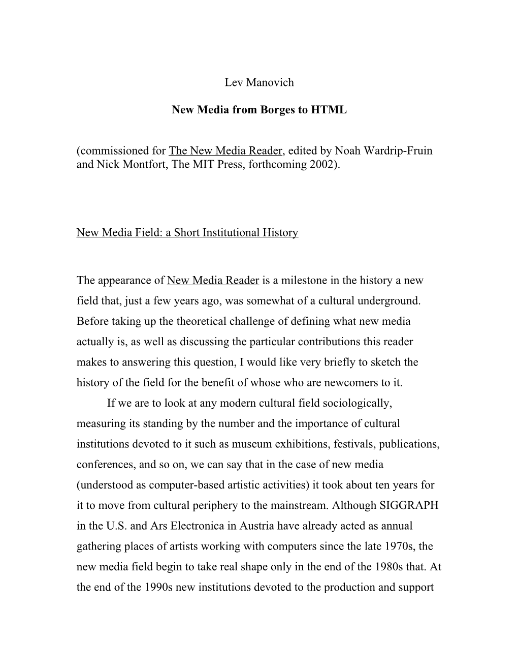 New Media from Borges to HTML