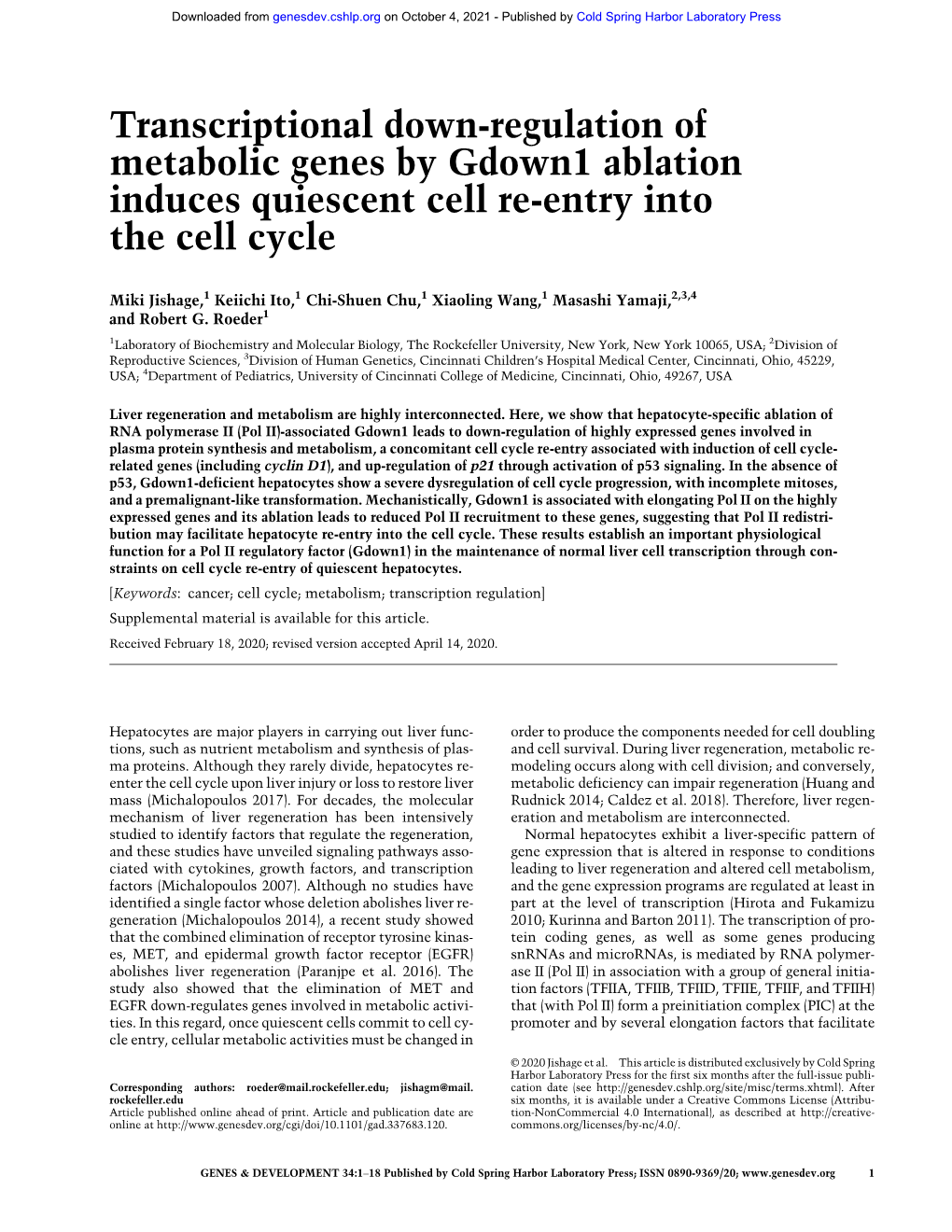 Transcriptional Down-Regulation of Metabolic Genes by Gdown1 Ablation Induces Quiescent Cell Re-Entry Into the Cell Cycle