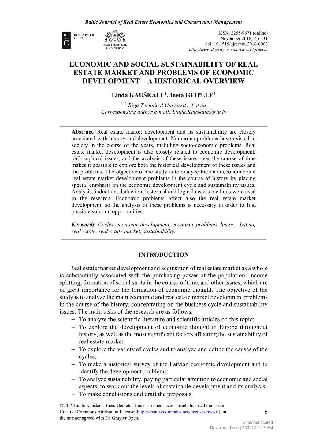 Economic and Social Sustainability of Real Estate Market and Problems of Economic Development – a Historical Overview