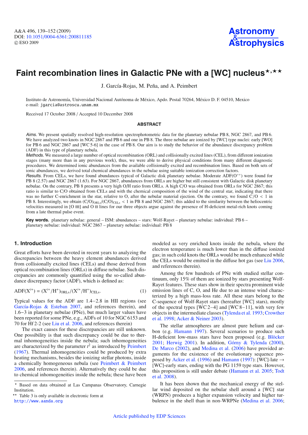 Faint Recombination Lines in Galactic Pne with a [WC] Nucleus�,