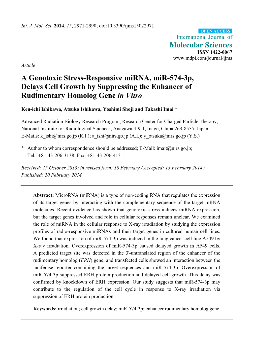 A Genotoxic Stress-Responsive Mirna, Mir-574-3P, Delays Cell Growth by Suppressing the Enhancer of Rudimentary Homolog Gene in Vitro