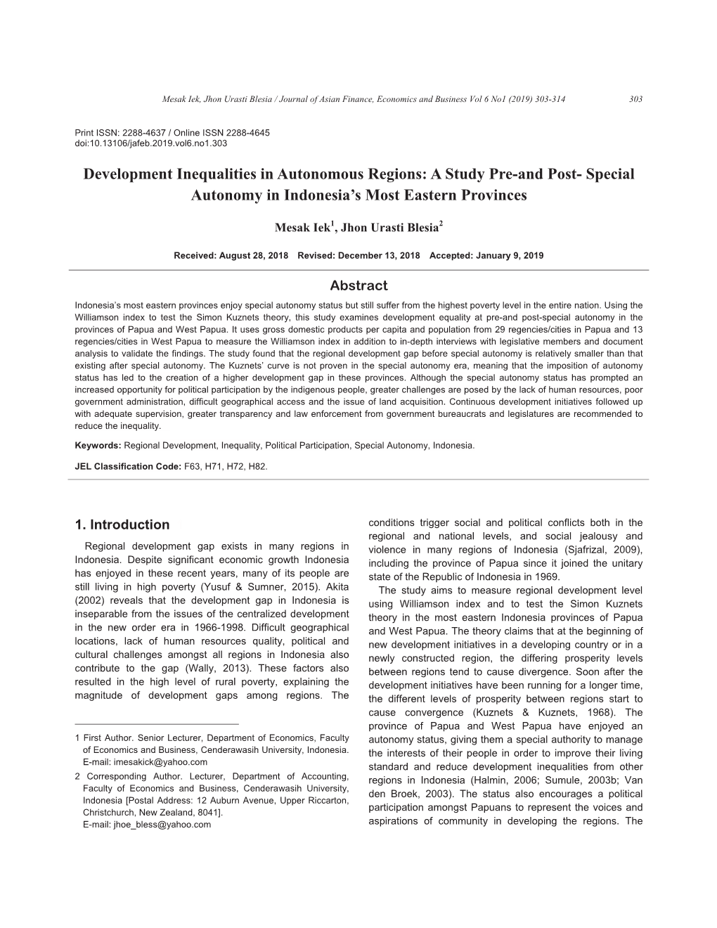 Development Inequalities in Autonomous Regions: a Study Pre-And Post- Special Autonomy in Indonesia’S Most Eastern Provinces