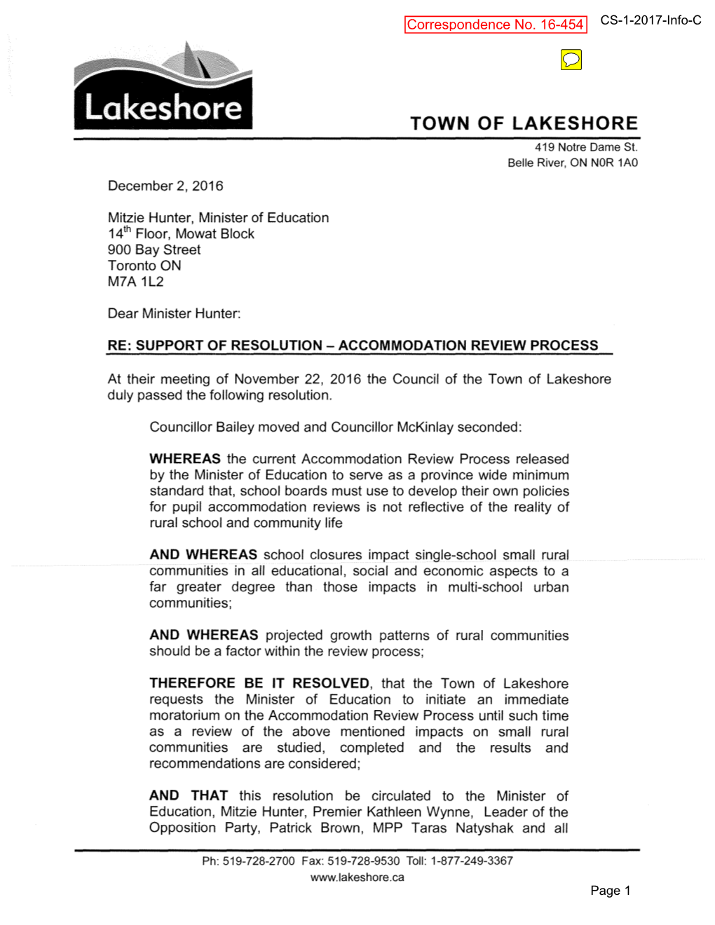 Info-C-Town of Lakeshore Motion to Support Accommodation Review