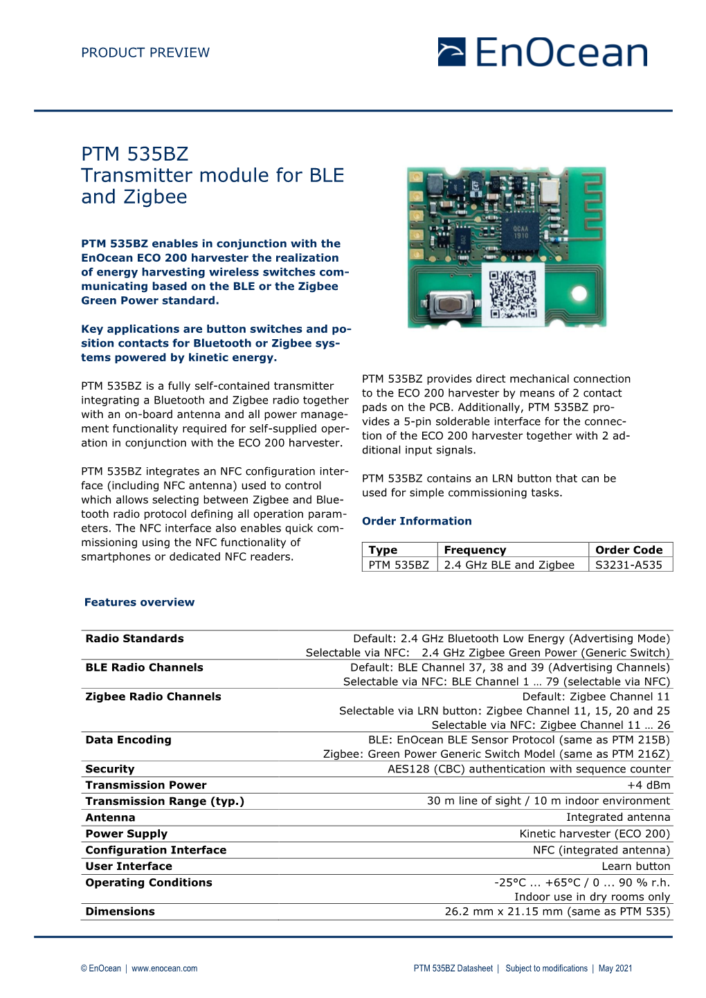 PTM 535BZ Transmitter Module for BLE and Zigbee