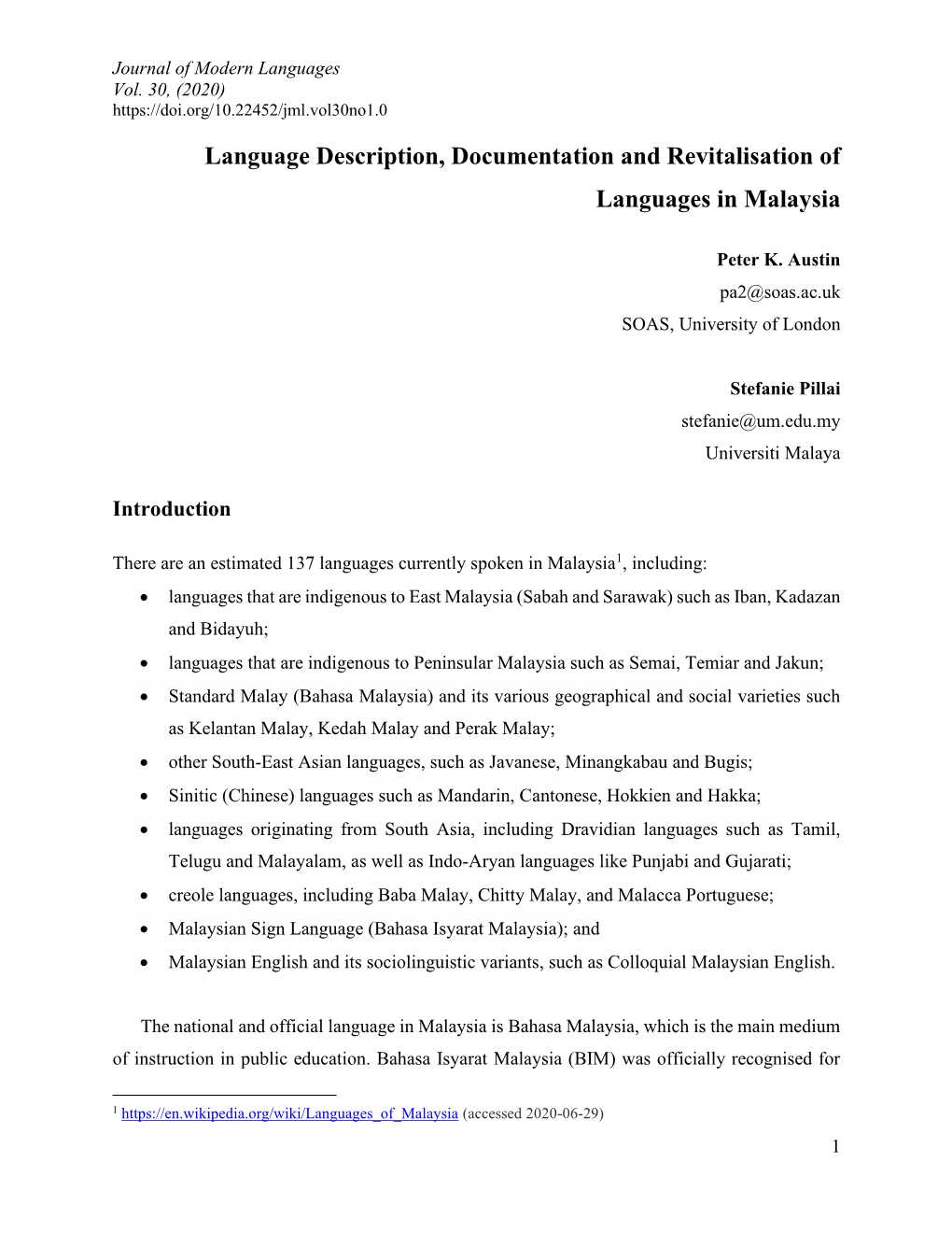 Language Description, Documentation and Revitalisation of Languages in Malaysia