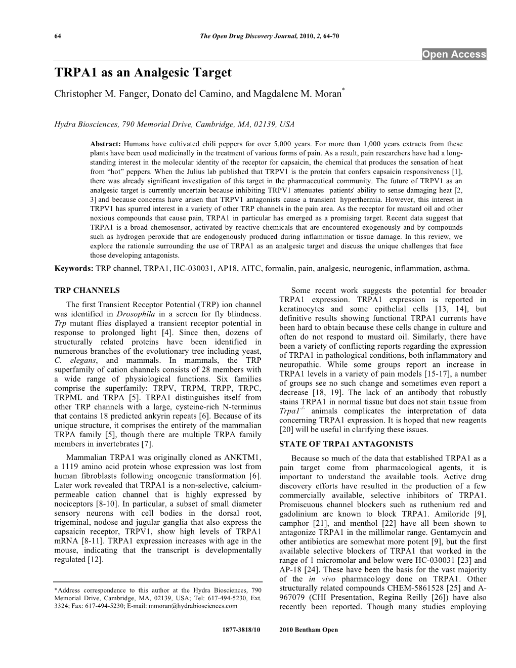 TRPA1 As an Analgesic Target Christopher M