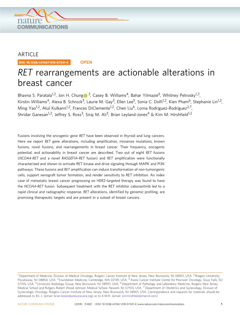 RET Rearrangements Are Actionable Alterations in Breast Cancer