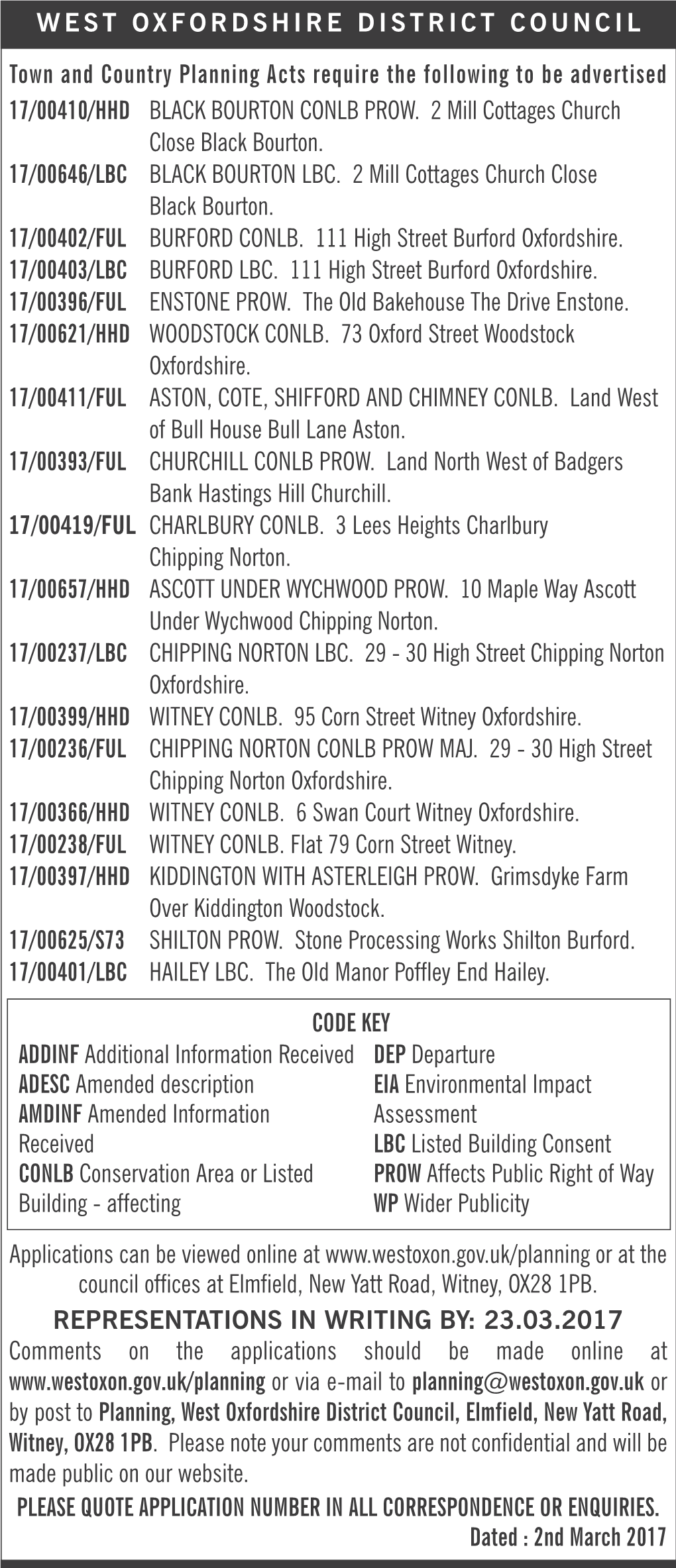 Town and Country Planning Acts Require the Following to Be Advertised 17/00410/HHD BLACK BOURTON CONLB PROW