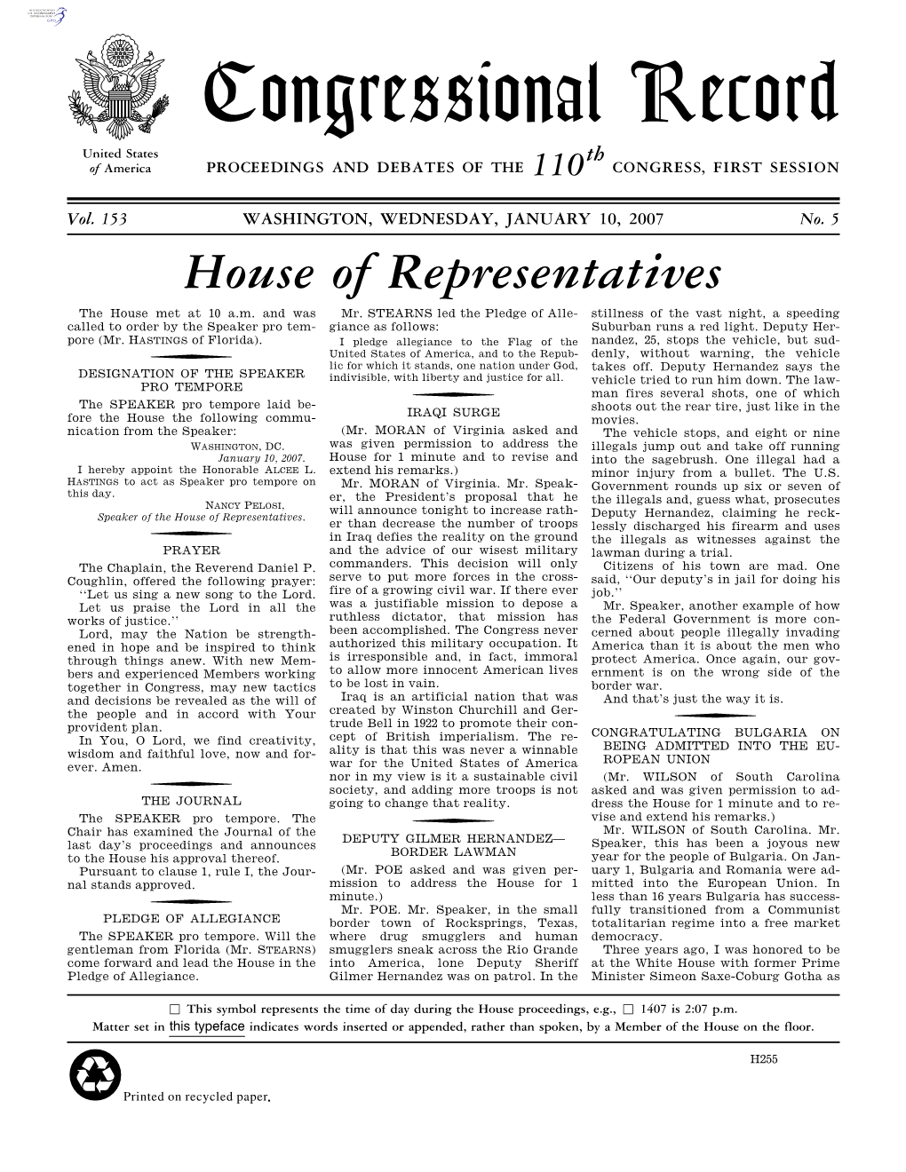 Congressional Record United States Th of America PROCEEDINGS and DEBATES of the 110 CONGRESS, FIRST SESSION